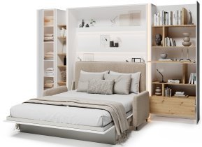 Bed Concept - Komplet postelja v omari BC-01, vzglavje BC-16, kavč BC-18, 3xLED, omare BC-21, BC-24, BC-22 - bele, vzmetnica - 140x200 cm - bel/bež