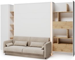 Bed Concept - Komplet postelja v omari BC-01, vzglavje BC-16, kavč BC-18, 3xLED, omare BC-21, BC-24, BC-22 - bele, vzmetnica - 140x200 cm - bel/bež