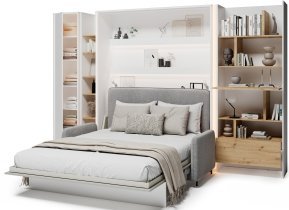 Bed Concept - Komplet postelja v omari BC-01, vzglavje BC-16, kavč BC-18, 3xLED, omare BC-21, BC-24, BC-22 - bele, vzmetnica - 140x200 cm - bel/siv