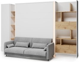 Bed Concept - Komplet postelja v omari BC-01, vzglavje BC-16, kavč BC-18, 3xLED, omare BC-21, BC-24, BC-22 - bele, vzmetnica - 140x200 cm - bel/siv