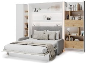 Bed Concept - Komplet postelja v omari BC-01, vzglavje BC-16, kavč BC-18, 3xLED, omare BC-21, BC-24, BC-22 - bele, vzmetnica - 140x200 cm - bel/siv