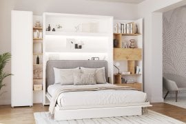 Komplet postelja v omari BC-12, vzglavje BC-17, 1xLED, omare BC-21, BC-24, BC-22 - bele, vzmetnica - 160x200 cm - bel/siv