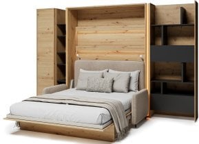 Bed Concept - Komplet postelja v omari BC-12, vzglavje BC-17, kavč BC-19, 3xLED, omare BC-21, BC-24, BC-22 - artisan, vzmetnica - 160x200 cm - artisan hrast/bež
