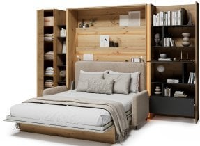 Bed Concept - Komplet postelja v omari BC-12, vzglavje BC-17, kavč BC-19, 3xLED, omare BC-21, BC-24, BC-22 - artisan, vzmetnica - 160x200 cm - artisan hrast/bež