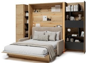 Bed Concept - Komplet postelja v omari BC-12, vzglavje BC-17, kavč BC-19, 3xLED, omare BC-21, BC-24, BC-22 - artisan, vzmetnica - 160x200 cm - artisan hrast/bež