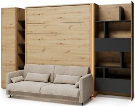 Bed Concept - Komplet postelja v omari BC-12, vzglavje BC-17, kavč BC-19, 3xLED, omare BC-21, BC-24, BC-22 - artisan, vzmetnica - 160x200 cm - artisan hrast/bež