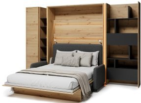 Bed Concept - Komplet postelja v omari BC-12, vzglavje BC-17, kavč BC-19, 3xLED, omare BC-21, BC-24, BC-22 - artisan, vzmetnica - 160x200 cm - artisan hrast/grafit