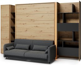 Bed Concept - Komplet postelja v omari BC-12, vzglavje BC-17, kavč BC-19, 3xLED, omare BC-21, BC-24, BC-22 - artisan, vzmetnica - 160x200 cm - artisan hrast/grafit
