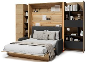 Bed Concept - Komplet postelja v omari BC-12, vzglavje BC-17, kavč BC-19, 3xLED, omare BC-21, BC-24, BC-22 - artisan, vzmetnica - 160x200 cm - artisan hrast/grafit