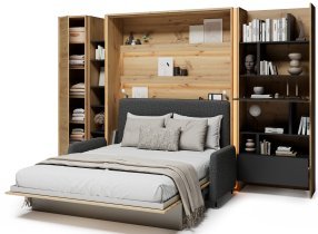 Bed Concept - Komplet postelja v omari BC-12, vzglavje BC-17, kavč BC-19, 3xLED, omare BC-21, BC-24, BC-22 - artisan, vzmetnica - 160x200 cm - artisan hrast/grafit