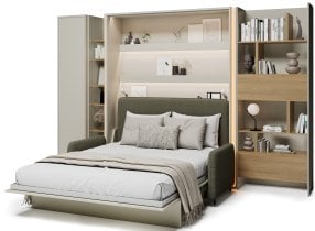 Bed Concept - Komplet postelja v omari BC-13, vzglavje BC-33, kavč BC-35, 3xLED, omare BC-21, BC-24, BC-22 - kašmir, vzmetnica - 180x200 cm - kašmir/zelen