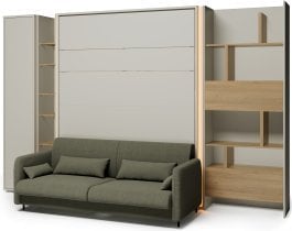 Bed Concept - Komplet postelja v omari BC-13, vzglavje BC-33, kavč BC-35, 3xLED, omare BC-21, BC-24, BC-22 - kašmir, vzmetnica - 180x200 cm - kašmir/zelen