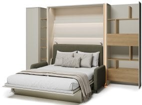 Bed Concept - Komplet postelja v omari BC-13, vzglavje BC-33, kavč BC-35, 3xLED, omare BC-21, BC-24, BC-22 - kašmir, vzmetnica - 180x200 cm - kašmir/zelen