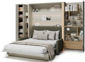 Bed Concept - Komplet postelja v omari BC-13, vzglavje BC-33, kavč BC-35, 3xLED, omare BC-21, BC-24, BC-22 - kašmir, vzmetnica - 180x200 cm - kašmir/zelen