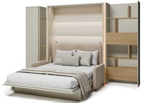 Bed Concept - Komplet postelja v omari BC-13, vzglavje BC-33, kavč BC-35, 3xLED, omare BC-21, BC-24, BC-22 - kašmir, vzmetnica - 180x200 cm - kašmir/bež