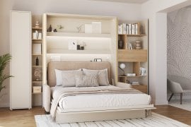 Komplet postelja v omari BC-13, vzglavje BC-33, kavč BC-35, 3xLED, omare BC-21, BC-24, BC-22 - kašmir, vzmetnica - 180x200 cm - kašmir/bež
