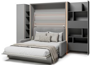 Bed Concept - Komplet postelja v omari BC-12, vzglavje BC-17, kavč BC-19, 3xLED, omare BC-21, BC-24, BC-22 - sive, vzmetnica - 160x200 cm - siv
