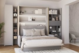 Komplet postelja v omari BC-01, vzglavje BC-16, kavč BC-18, 3xLED, omare BC-21, BC-24, BC-22 - sive, vzmetnica - 140x200 cm - siv