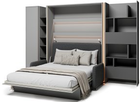 Bed Concept - Komplet postelja v omari BC-13, vzglavje BC-33, kavč BC-35, 3xLED, omare BC-21, BC-24, BC-22 - sive, vzmetnica - 180x200 cm - siv/grafit