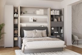 Komplet postelja v omari BC-13, vzglavje BC-33, kavč BC-35, 3xLED, omare BC-21, BC-24, BC-22 - sive, vzmetnica - 180x200 cm - siv/grafit