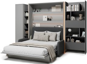 Bed Concept - Komplet postelja v omari BC-13, vzglavje BC-33, kavč BC-35, 3xLED, omare BC-21, BC-24, BC-22 - sive, vzmetnica - 180x200 cm - siv/grafit