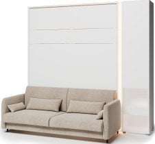 Bed Concept - Komplet postelja v omari BC-01, vzglavje BC-16, kavč BC-18, 3xLED, omare BC-07, vzmetnica - 140x200 cm - bel/bež