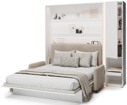 Bed Concept - Komplet postelja v omari BC-01, vzglavje BC-16, kavč BC-18, 3xLED, omare BC-07, vzmetnica - 140x200 cm - bel/bež