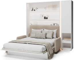 Bed Concept - Komplet postelja v omari BC-01, vzglavje BC-16, kavč BC-18, 3xLED, omare BC-07, vzmetnica - 140x200 cm - bel/bež