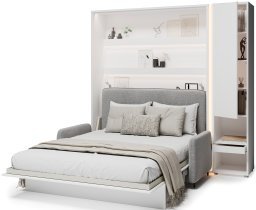Bed Concept - Komplet postelja v omari BC-13, vzglavje BC-33, kavč BC-35, 3xLED, omare BC-07, vzmetnica - 180x200 cm - bel/siv