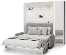 Bed Concept - Komplet postelja v omari BC-13, vzglavje BC-33, kavč BC-35, 3xLED, omare BC-07, vzmetnica - 180x200 cm - bel/siv