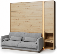 Bed Concept - Komplet postelja v omari BC-12, vzglavje BC-17, kavč BC-19, 3xLED, omare BC-07, vzmetnica - 160x200 cm - artisan hrast/siv