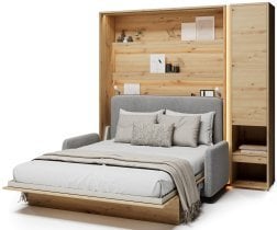 Bed Concept - Komplet postelja v omari BC-12, vzglavje BC-17, kavč BC-19, 3xLED, omare BC-07, vzmetnica - 160x200 cm - artisan hrast/siv