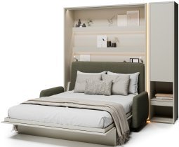 Bed Concept - Komplet postelja v omari BC-01, vzglavje BC-16, kavč BC-18, 3xLED, omare BC-07, vzmetnica - 140x200 cm - kašmir/zelen