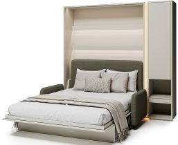 Bed Concept - Komplet postelja v omari BC-01, vzglavje BC-16, kavč BC-18, 3xLED, omare BC-07, vzmetnica - 140x200 cm - kašmir/zelen