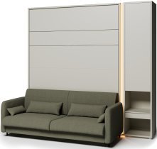 Bed Concept - Komplet postelja v omari BC-01, vzglavje BC-16, kavč BC-18, 3xLED, omare BC-07, vzmetnica - 140x200 cm - kašmir/zelen