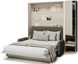 Bed Concept - Komplet postelja v omari BC-01, vzglavje BC-16, kavč BC-18, 3xLED, omare BC-07, vzmetnica - 140x200 cm - kašmir/zelen