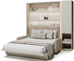 Bed Concept - Komplet postelja v omari BC-13, vzglavje BC-33, kavč BC-35, 3xLED, omare BC-07, vzmetnica - 180x200 cm - kašmir/bež