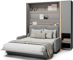 Bed Concept - Komplet postelja v omari BC-01, vzglavje BC-16, kavč BC-18, 3xLED, omare BC-07, vzmetnica - 140x200 cm - siv