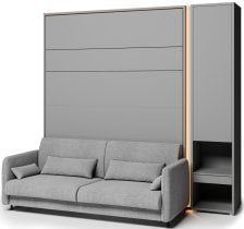 Bed Concept - Komplet postelja v omari BC-01, vzglavje BC-16, kavč BC-18, 3xLED, omare BC-07, vzmetnica - 140x200 cm - siv