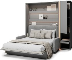 Bed Concept - Komplet postelja v omari BC-01, vzglavje BC-16, kavč BC-18, 3xLED, omare BC-07, vzmetnica - 140x200 cm - siv