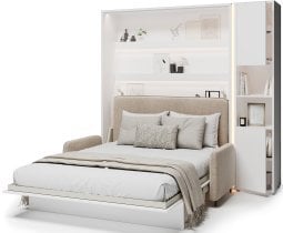 Bed Concept - Komplet postelja v omari BC-12, vzglavje BC-17, kavč BC-19, 3xLED, omare BC-08, vzmetnica - 160x200 cm - bel/bež