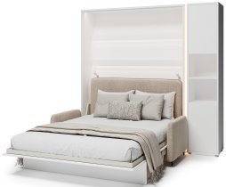 Bed Concept - Komplet postelja v omari BC-12, vzglavje BC-17, kavč BC-19, 3xLED, omare BC-08, vzmetnica - 160x200 cm - bel/bež