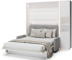 Bed Concept - Komplet postelja v omari BC-12, vzglavje BC-17, kavč BC-19, 3xLED, omare BC-08, vzmetnica - 160x200 cm - bel/siv