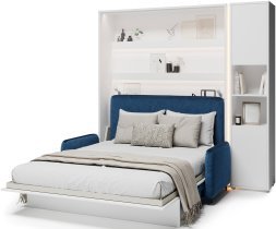 Bed Concept - Komplet postelja v omari BC-01, vzglavje BC-16, kavč BC-18, 3xLED, omare BC-08, vzmetnica - 140x200 cm - bel/moder