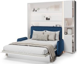 Bed Concept - Komplet postelja v omari BC-01, vzglavje BC-16, kavč BC-18, 3xLED, omare BC-08, vzmetnica - 140x200 cm - bel/moder