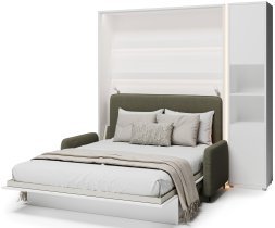 Bed Concept - Komplet postelja v omari BC-01, vzglavje BC-16, kavč BC-18, 3xLED, omare BC-08, vzmetnica - 140x200 cm - bel/zelen