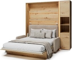 Bed Concept - Komplet postelja v omari BC-12, vzglavje BC-17, kavč BC-19, 3xLED, omare BC-08, vzmetnica - 160x200 cm - artisan hrast/bež