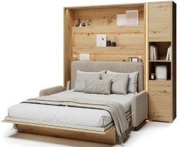 Bed Concept - Komplet postelja v omari BC-12, vzglavje BC-17, kavč BC-19, 3xLED, omare BC-08, vzmetnica - 160x200 cm - artisan hrast/bež