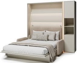 Bed Concept - Komplet postelja v omari BC-01, vzglavje BC-16, kavč BC-18, 3xLED, omare BC-08, vzmetnica - 140x200 cm - kašmir/bež
