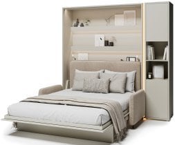 Bed Concept - Komplet postelja v omari BC-01, vzglavje BC-16, kavč BC-18, 3xLED, omare BC-08, vzmetnica - 140x200 cm - kašmir/bež